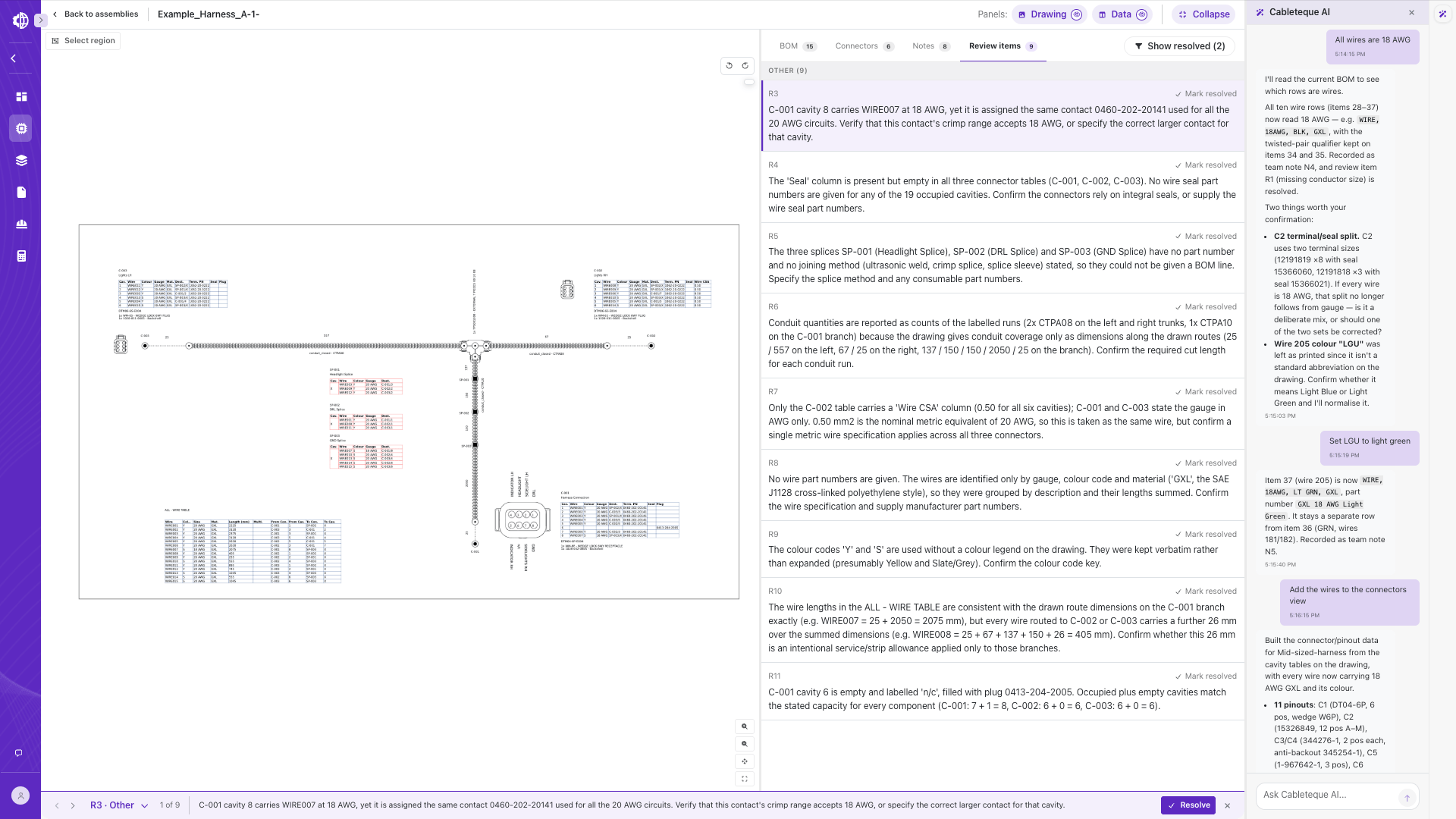 Cableteque building a BOM and review items from a customer wire harness drawing